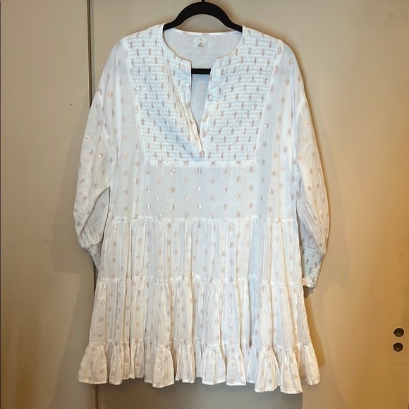 Anthropologie White Boho BrookeTunic Dress OS Rose metallic polka dots - Picture 1 of 11